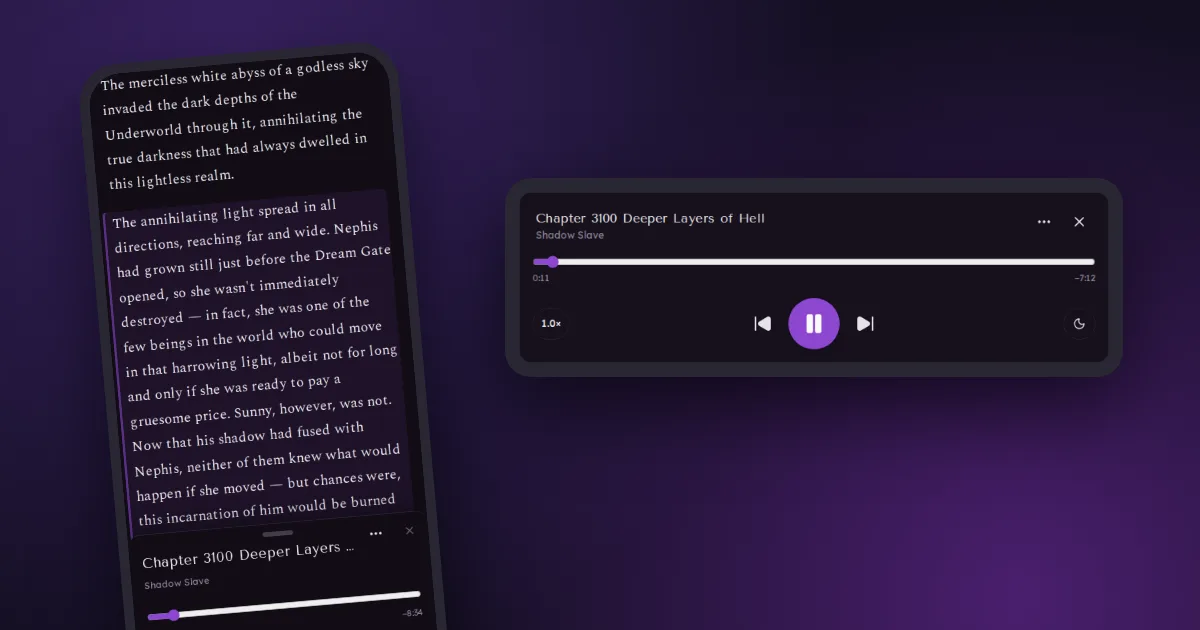 The Listen player on a phone and on a computer, reading a chapter with the paragraph highlighted