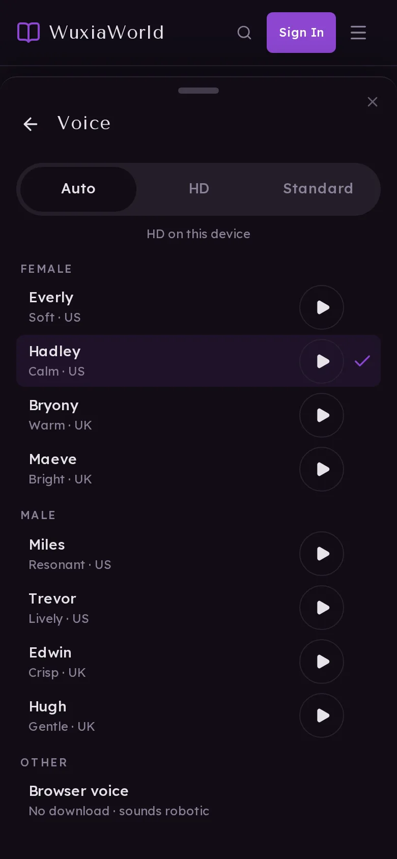The Voice page with the quality setting and eight voices, each with a sample button