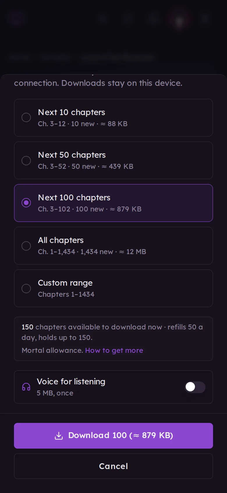 The download sheet showing 150 chapters available to download now, refilling 50 a day